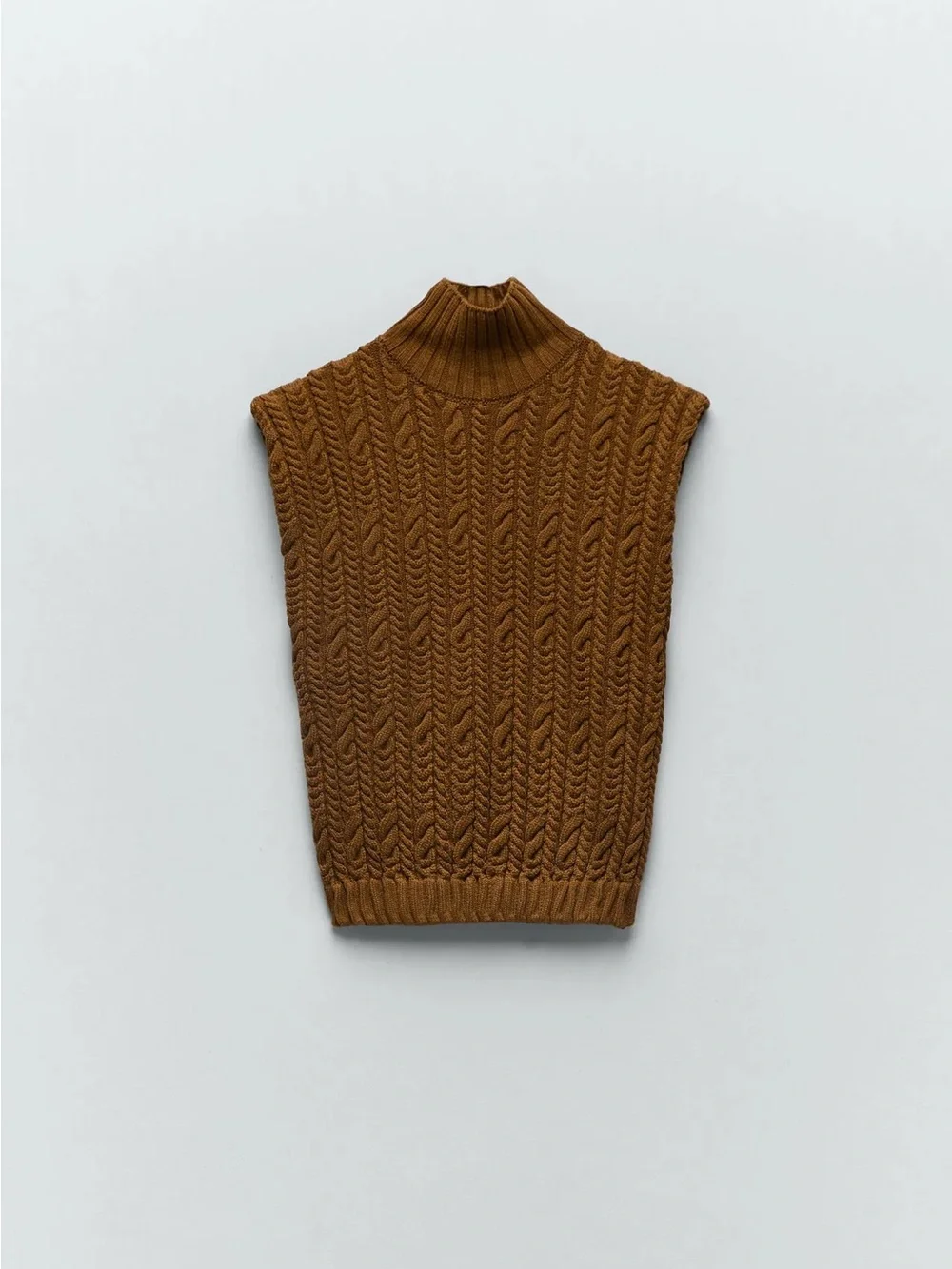 Zara Cable-Knit Sleeveless Turtleneck in Chestnut Brown - Picture 2 of 8